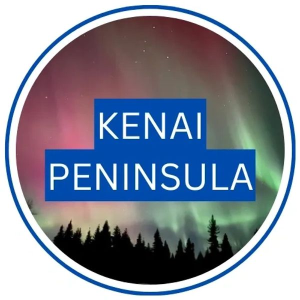 Circular Kenai Peninsula graphic featuring northern lights above spruce trees and a blue label.
