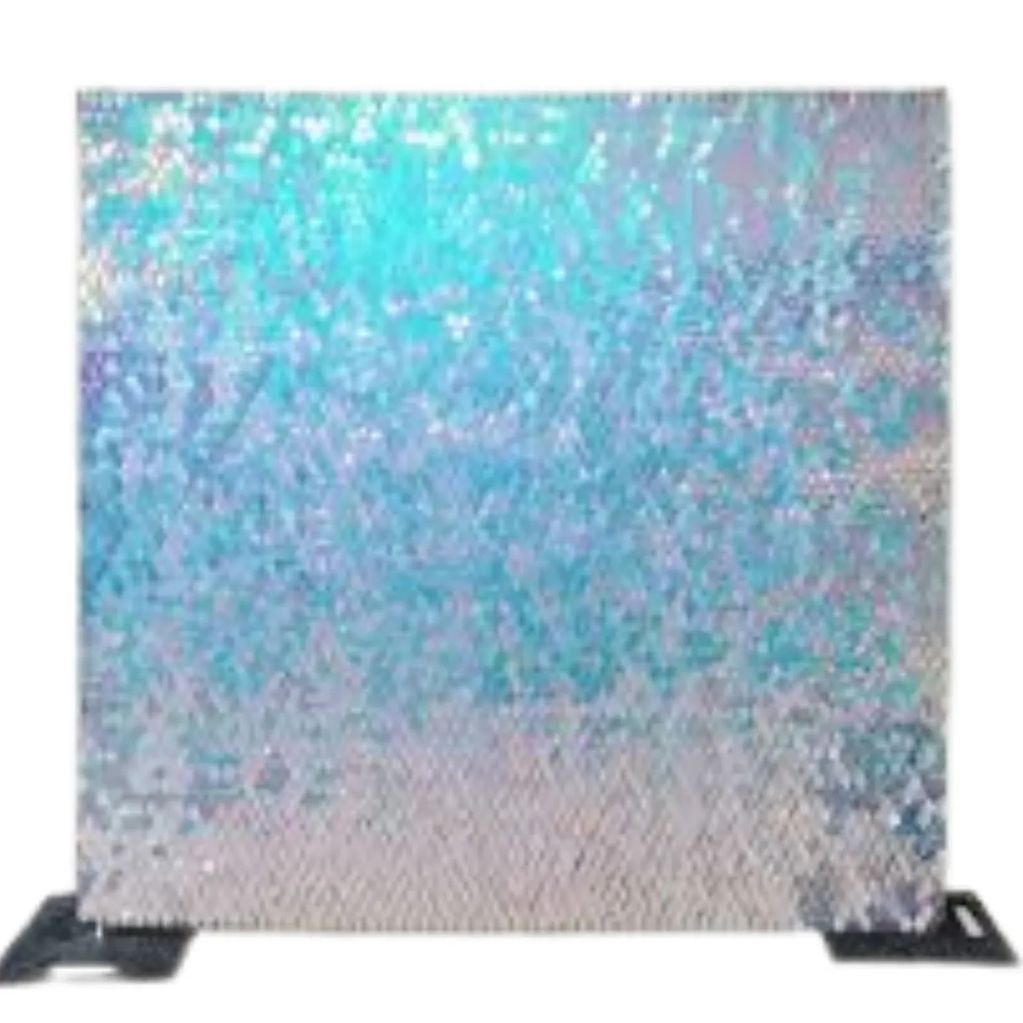 Sequin photo booth backdrop with shades of blue and silver.
