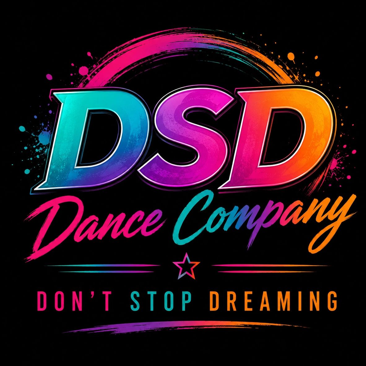 Colorful logo of DSD Dance Company with the motto 'Don't Stop Dreaming'.
