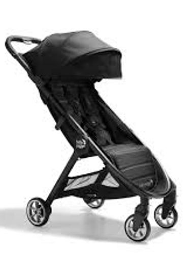 Black baby stroller with a canopy and four wheels.