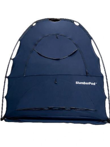 Navy blue SlumberPod privacy tent for sleeping.