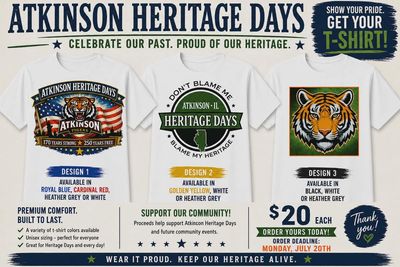 Three Atkinson Heritage Days T-shirt designs featuring patriotic and tiger themes.