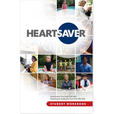 Cover of the Heartsaver First Aid CPR AED student workbook with diverse images.