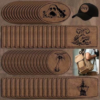 Set of brown leather patches with various nautical designs and a DIY cap.