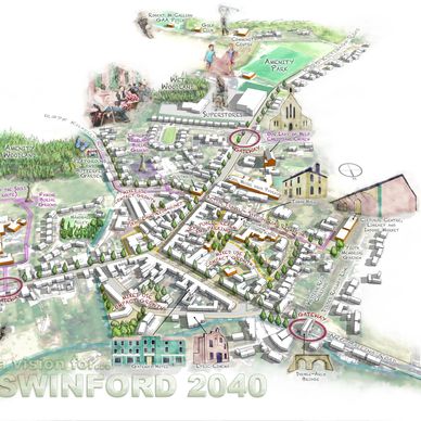 Illustrated vision map for Swinford 2040 showing community and green spaces.