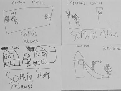Child's drawings showing football court, basketball court, shops, and play park by Sophia Adams.
