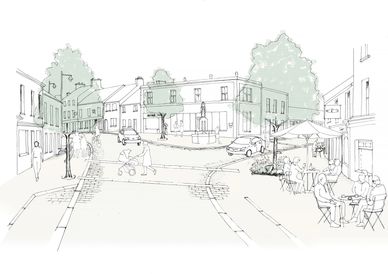 Sketch of a lively town square with people walking, cycling, and dining outdoors.