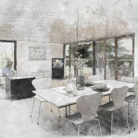 Interior design sketch dining table chairs family area