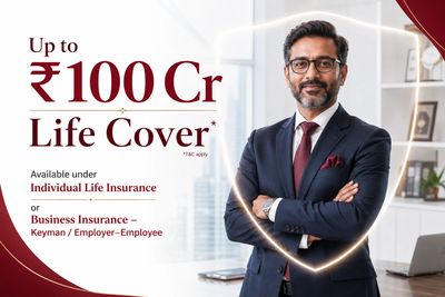 Professional man promoting life insurance with up to ₹100 Cr cover.