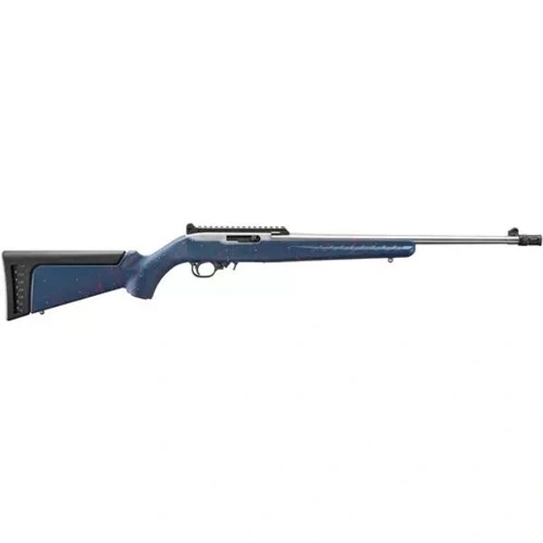 Bolt-action rifle with a blue stock and stainless steel barrel.