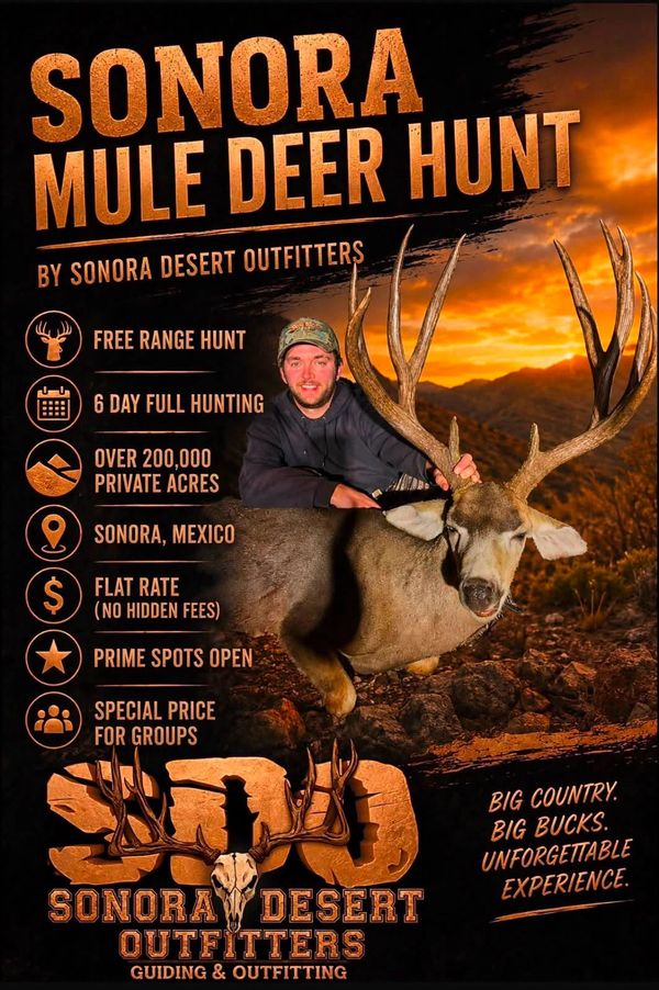 Advertisement for Sonora Mule Deer Hunt by Sonora Desert Outfitters.
