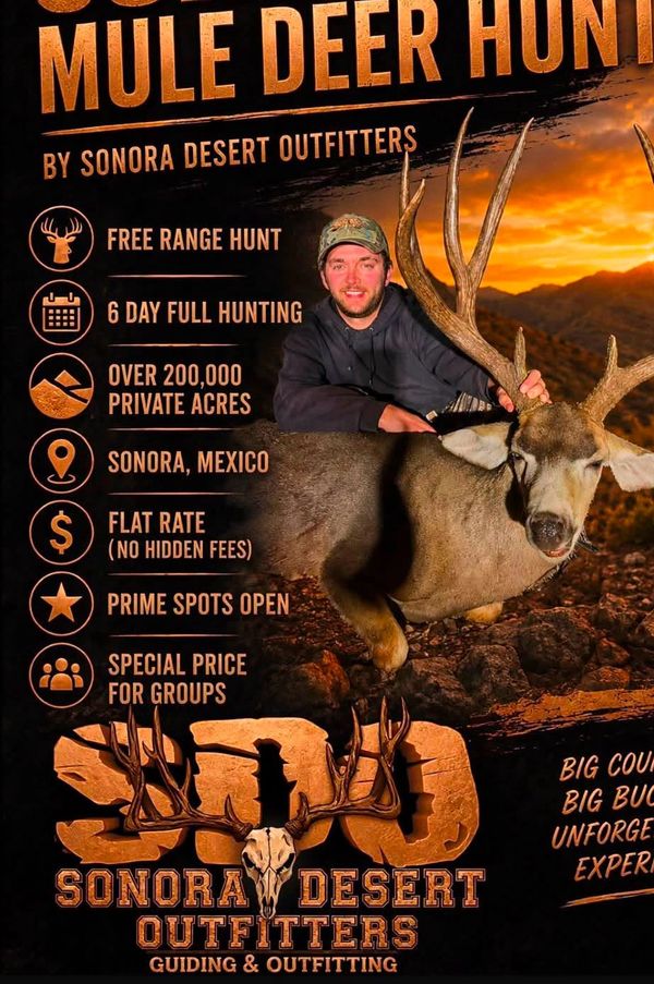 Advertisement for Sonora Mule Deer Hunt by Sonora Desert Outfitters.