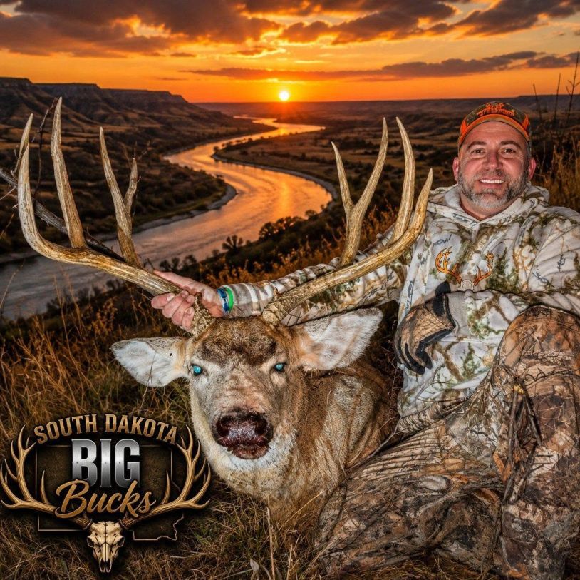 A hunter poses with a large buck at sunset in South Dakota.