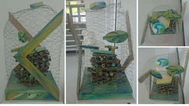 Wood, Chicken Wire, Acrylic Paint, bee habitat