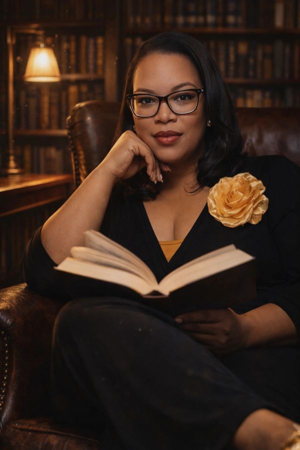 Woman reading a book in a cozy library.
