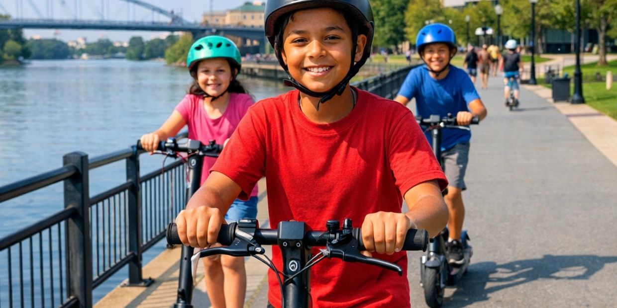 Kids on riverfront  riding e scooters