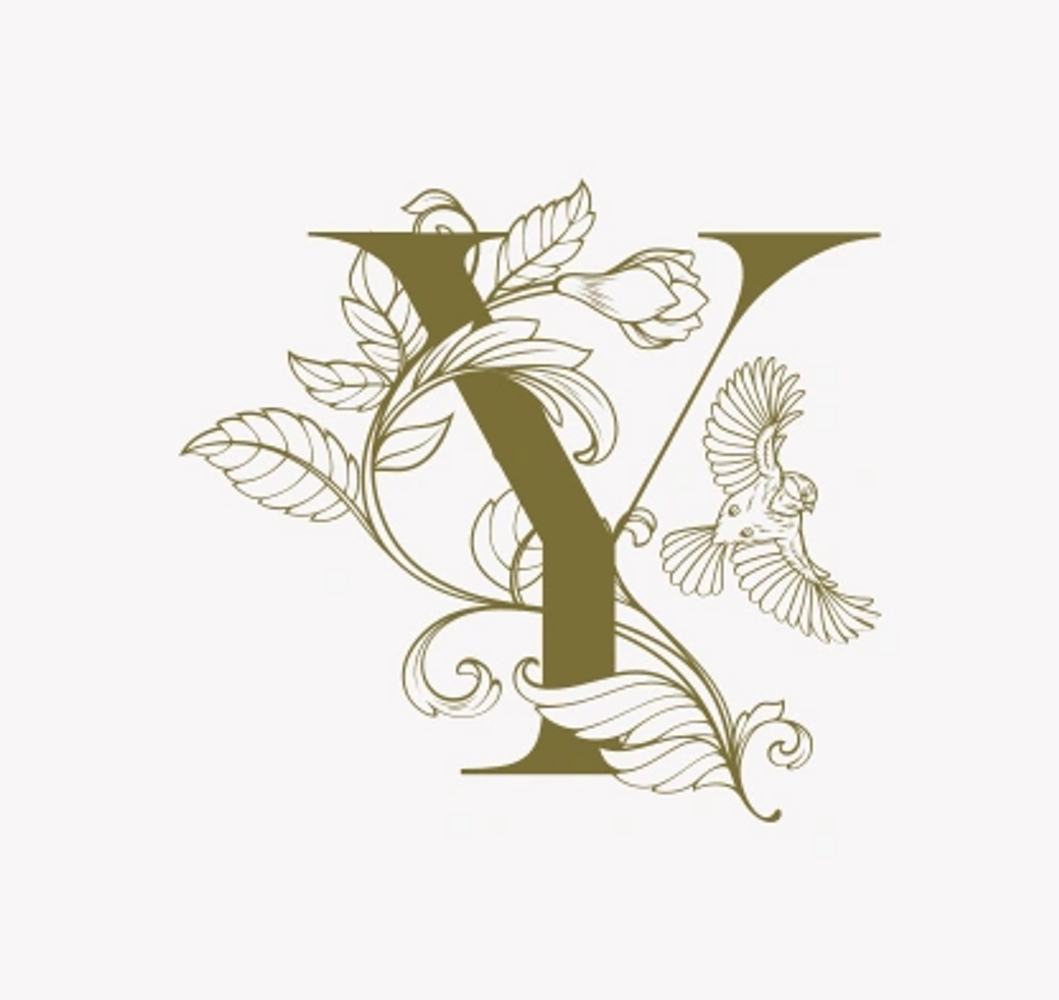 A logo: white background and gold details. A capital 'Y' wrapped in a flower with a bird inflight.