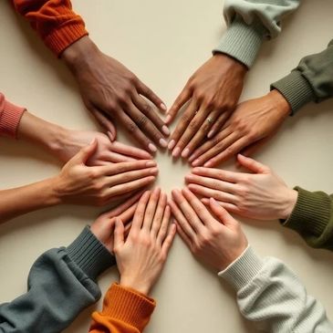 Diverse hands arranged in a circle, symbolizing unity and togetherness.