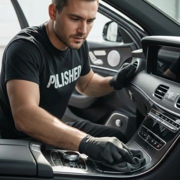 Man detailing car interior with cloth.