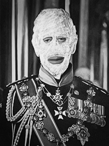 King Charles lll decorated military uniform with graphite black mask.