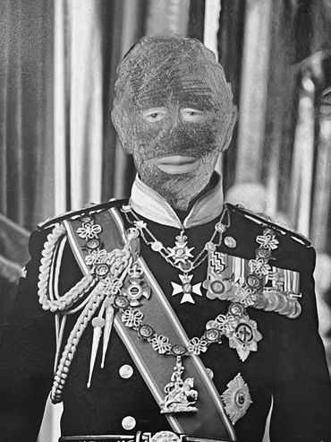 King Charles lll decorated military uniform with graphite black mask.