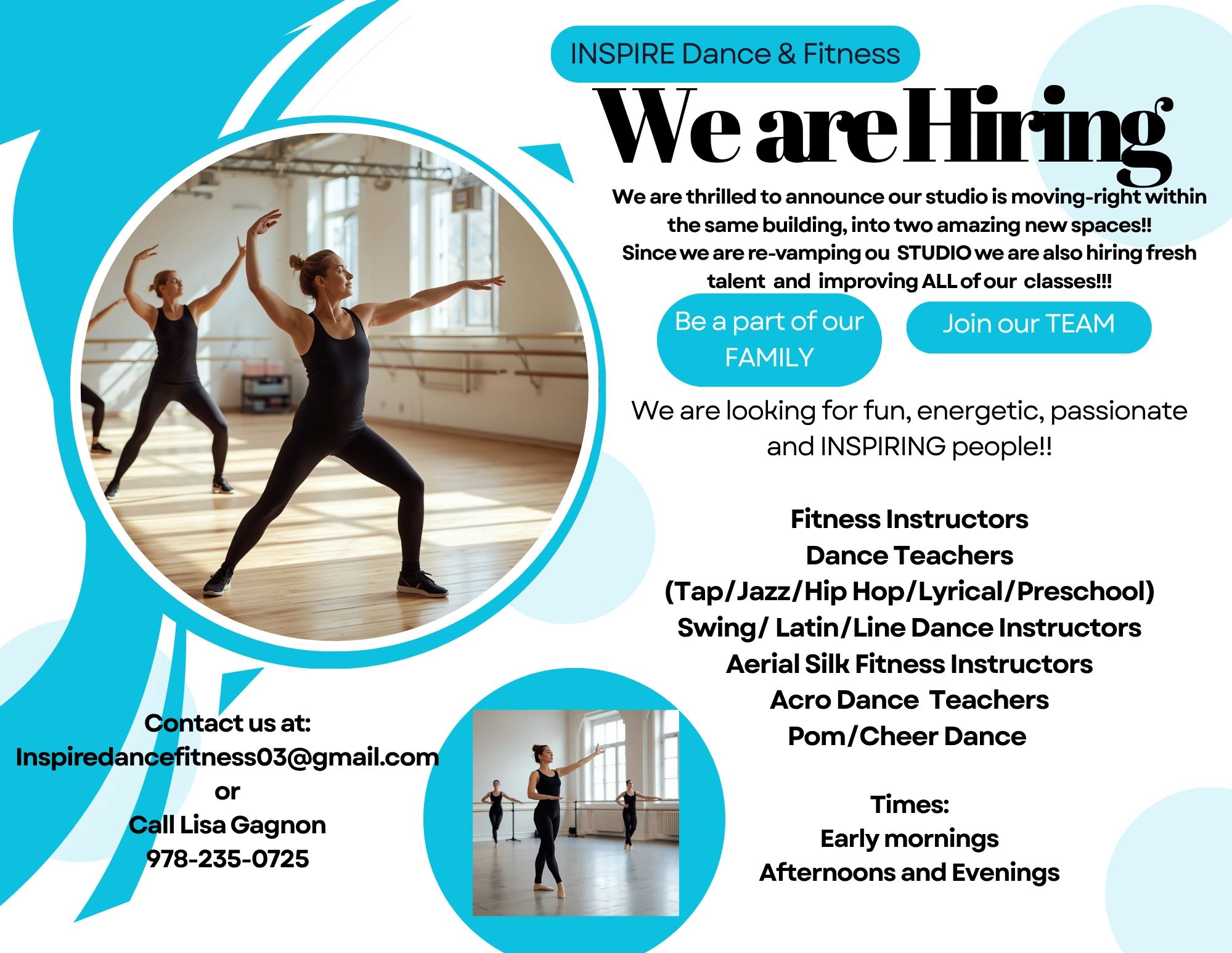 Fitness and dance instructors practicing in a bright studio, hiring announcement for INSPIRE Dance &amp; Fitness.