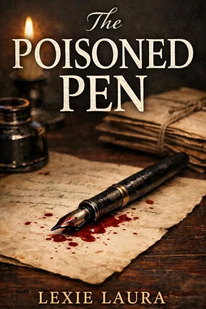 A blood-splattered fountain pen on an old letter with the title 'The Poisoned Pen'.