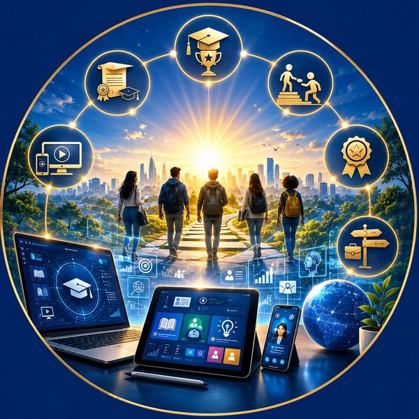 Students walking toward a bright future with digital learning tools.