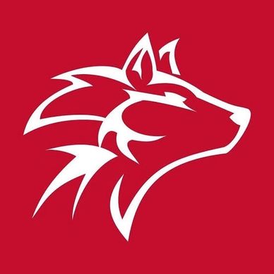 Stylized white wolf head logo on a red background.