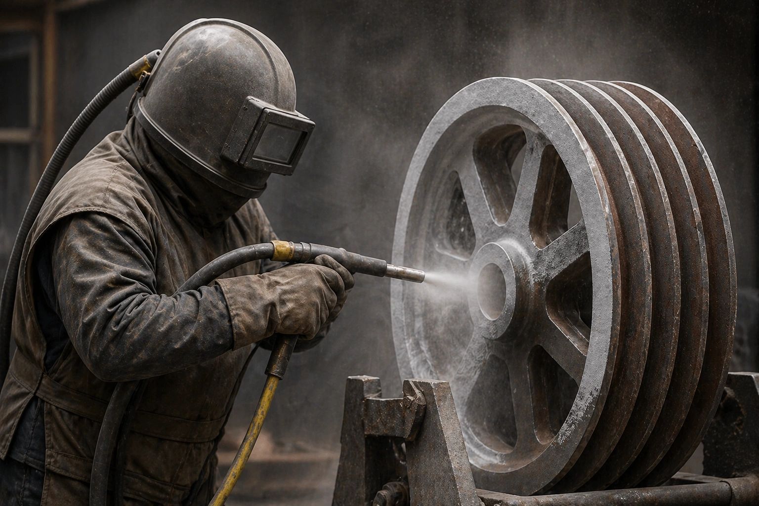 Worker sandblasting a large metal wheel while wearing protective gear.