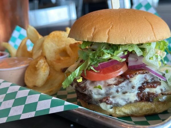 Cheeseburger with lettuce, tomato, onions, and curly fries on a tray.