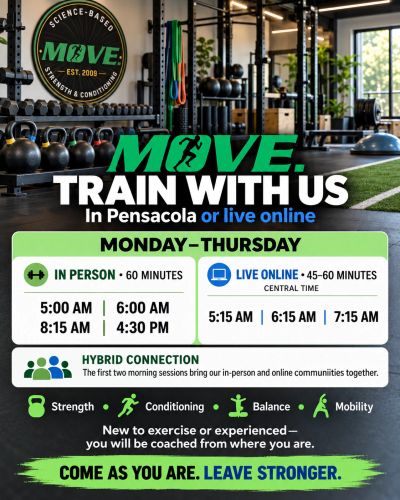 Gym training schedule for in-person and online classes in Pensacola.