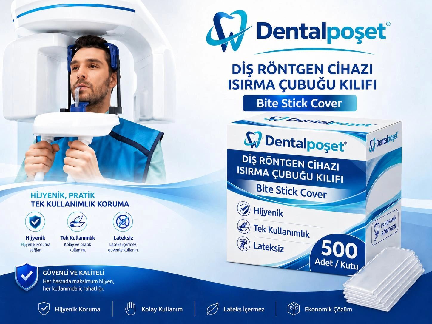 panoramik röngen cihazı ve ürün kutu görseli dentalpoşet