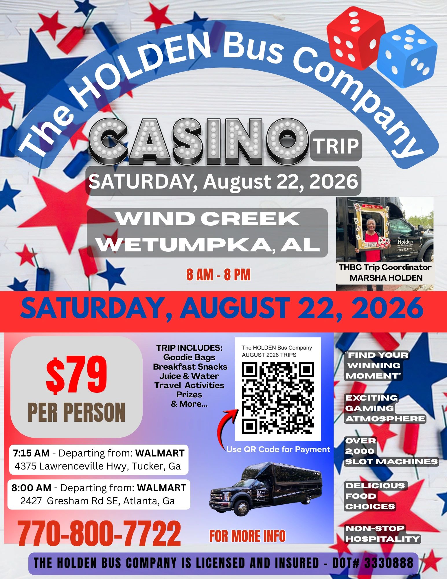 Flyer for Holden Bus Company casino trip on August 22, 2026.
