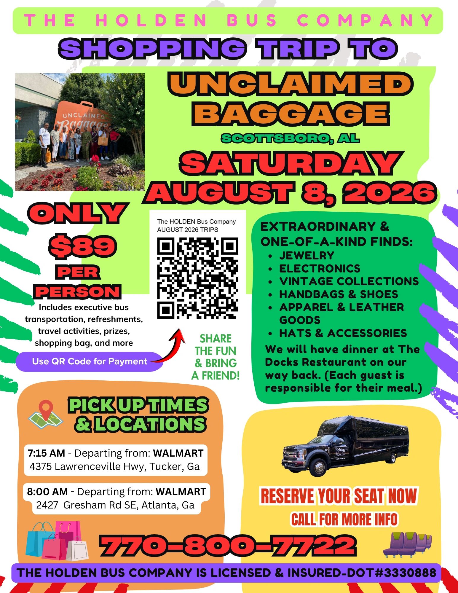 Flyer for a bus shopping trip to Unclaimed Baggage in Scottsboro, AL on August 8, 2026.