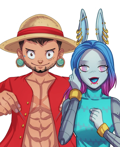 Two animated characters posing together with expressive features.