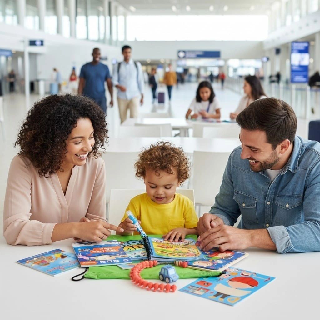 Young family waiting at airport for their flight. Young child playing with an assortment of toys.