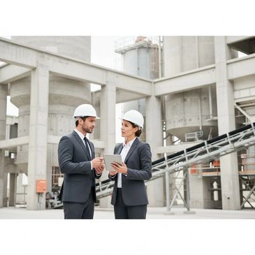 Two engineers wearing hard hats discussing plans at an industrial site.