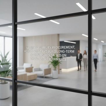 Modern office lobby with a motivational procurement message on glass.