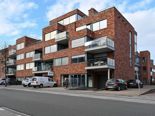 Modern brick apartment building with balconies and parked cars. serviceflat