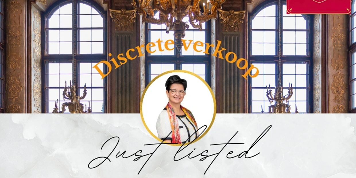 Elegant real estate listing announcement with a professional portrait and ornate background.