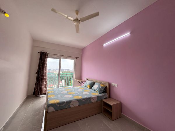 Simple bedroom with pink accent wall, double bed, and large window with curtains.