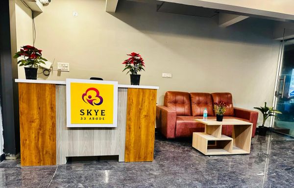 Modern reception area with wooden desk, leather sofa, and decorative plants.