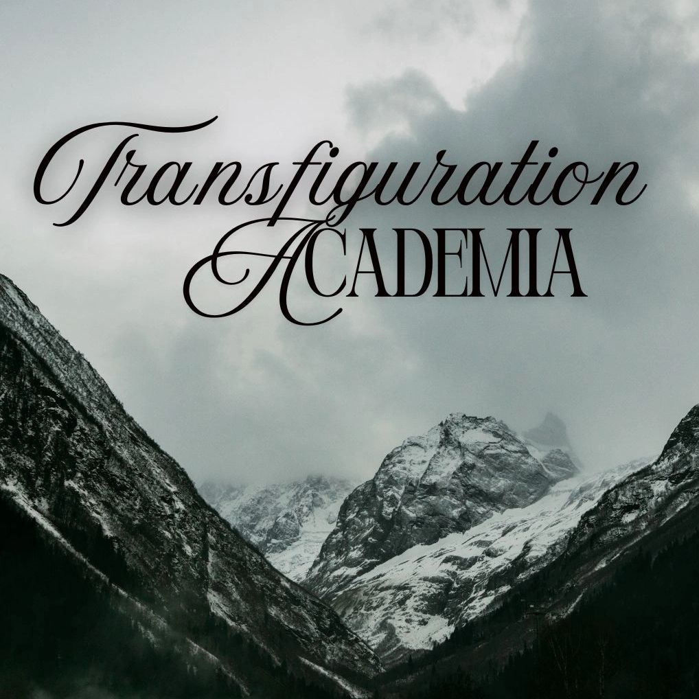 Snowy mountain landscape with elegant 'Transfiguration Academia' text overlay.