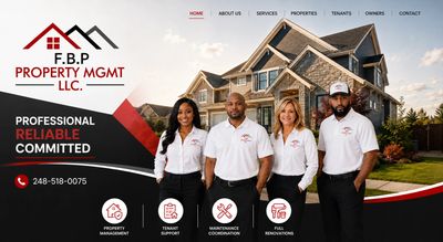 Real estate team in front of a large house promoting property management.