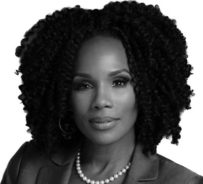 Professional black and white portrait of a confident woman.