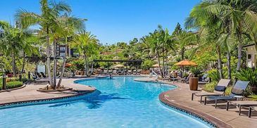 Luxurious resort pool surrounded by palm trees and lounge chairs.