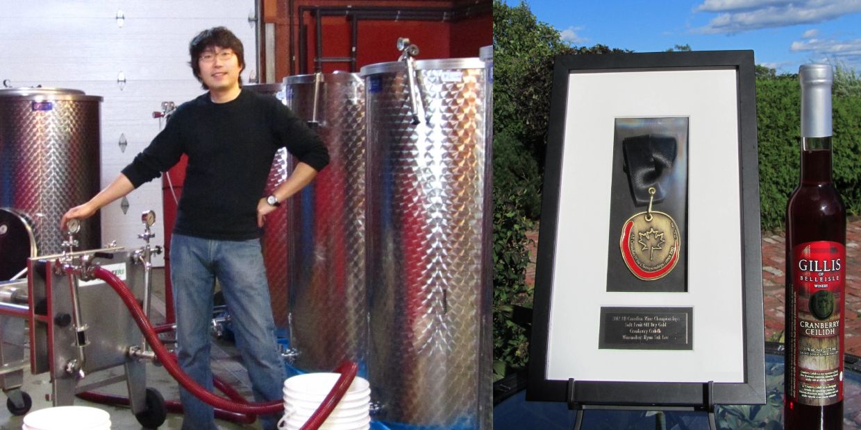 Man standing by brewing tanks; award and wine bottle displayed.