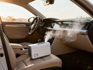 Professional ozone odour treatment being completed inside an unoccupied vehicle