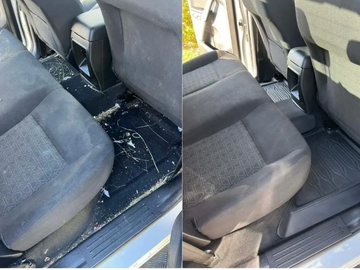 Car backseat floor before and after cleaning, showing a dramatic difference.